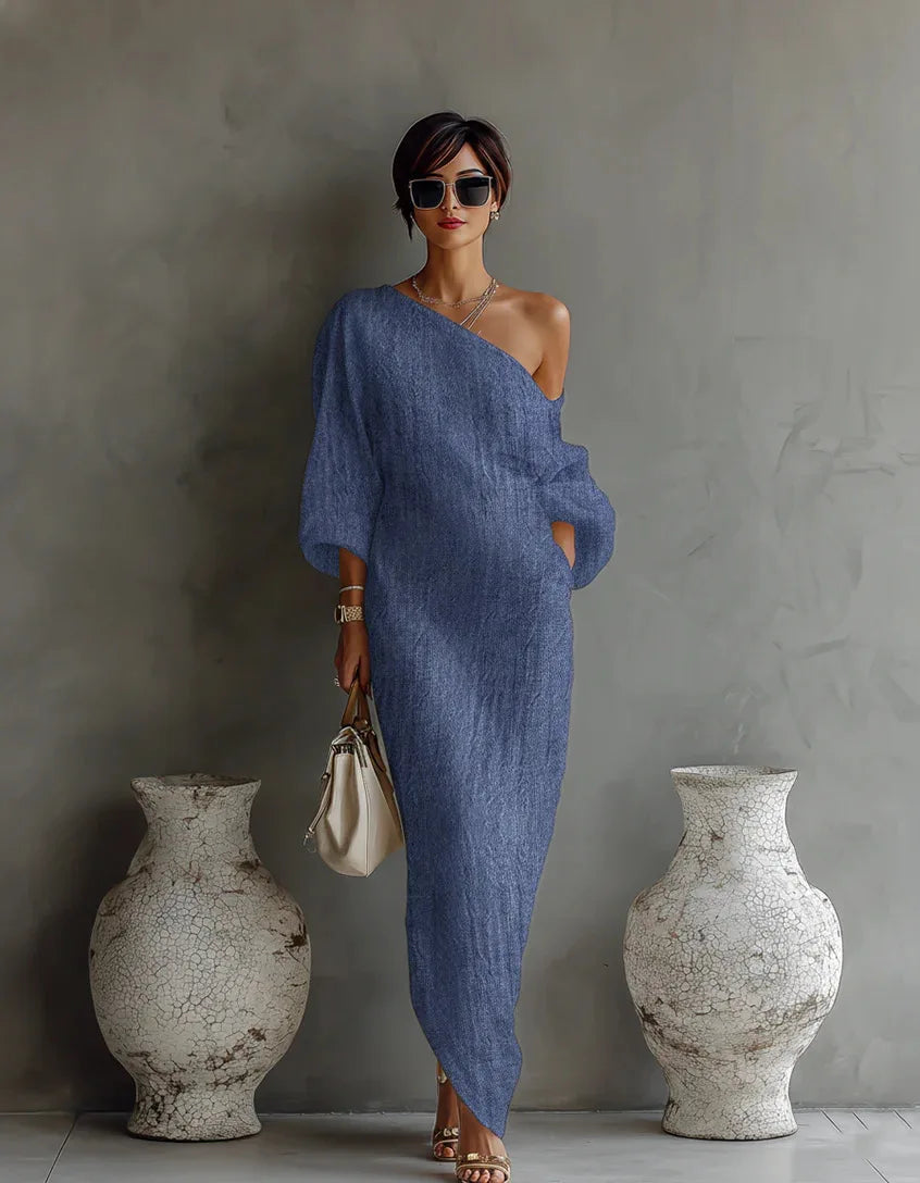 Women's Linen One-Shoulder Maxi Dress – studio view 5 | Hensley London