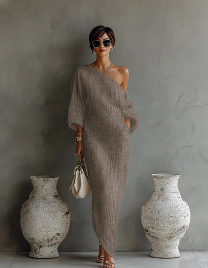 Women's Linen One-Shoulder Maxi Dress – studio view 6 | Hensley London