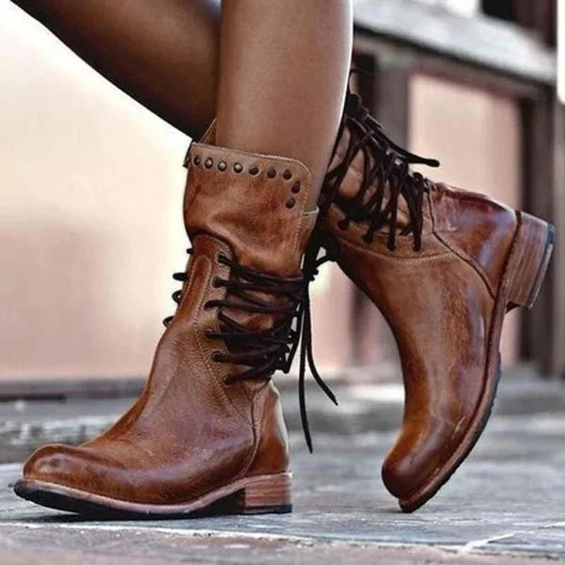 Women's Western Lace-Up Ankle Boots in Brown – product view | Hensley London