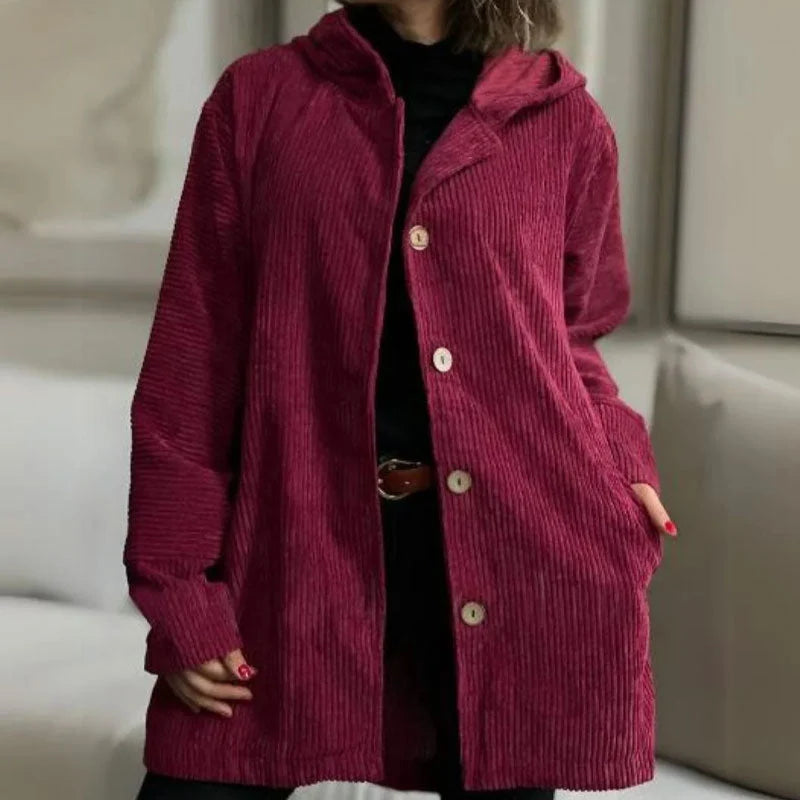 Women's Textured Hooded Button-Up Jacket in Burgundy – product view 1 | Hensley London
