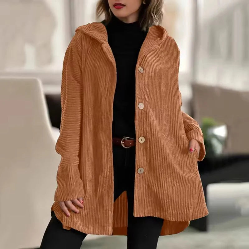 Women's Textured Hooded Button-Up Jacket in Brown – product view 5 | Hensley London