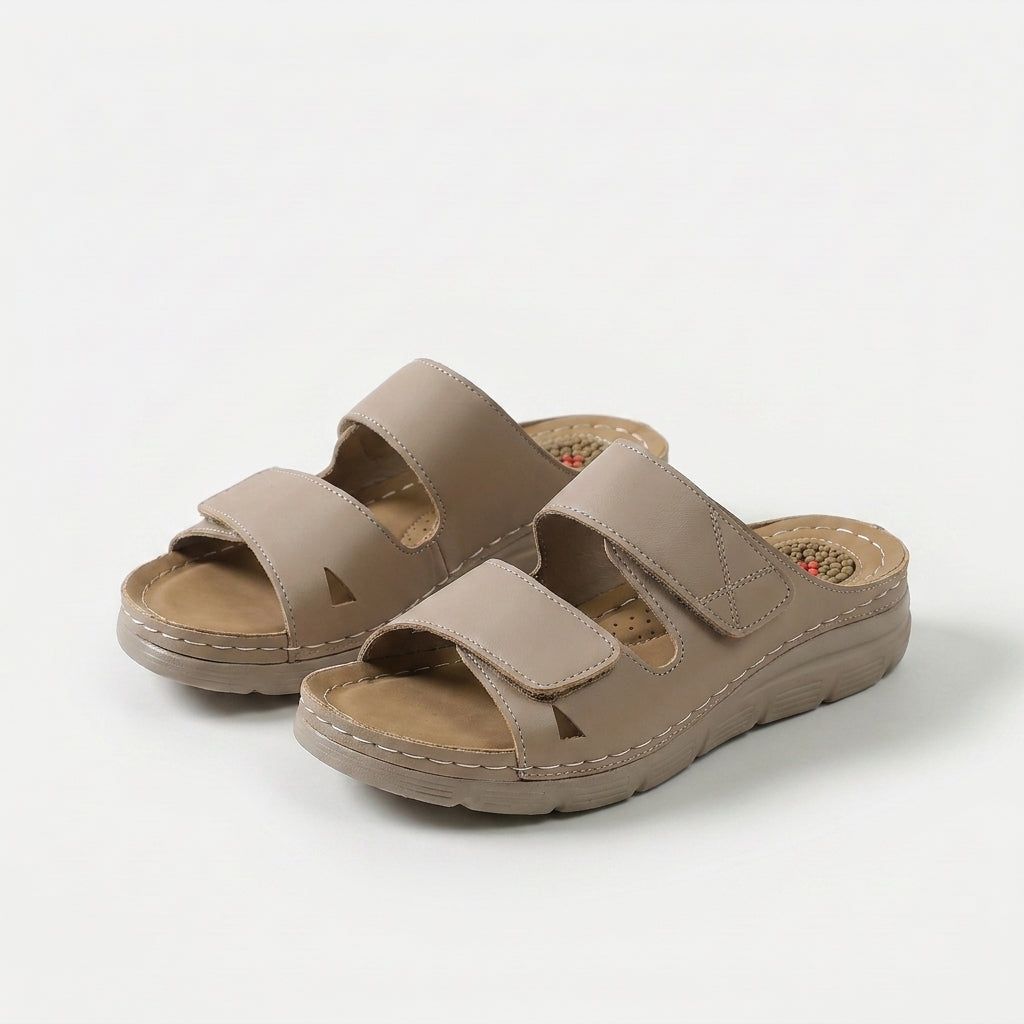 Women's Massage Footbed Comfort Sandals in Khaki – front view | Hensley London
