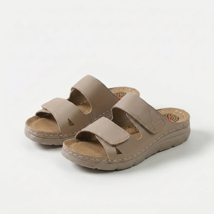 Women's Massage Footbed Comfort Sandals in Khaki – front view | Hensley London