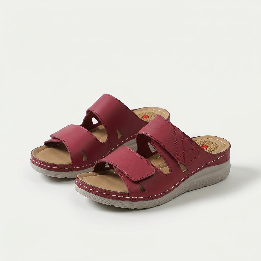 Women's Massage Footbed Comfort Sandals in Red – sole view | Hensley London