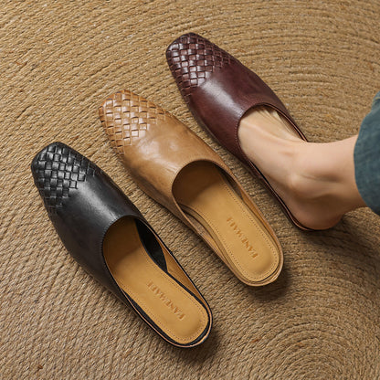 Women's Genuine Leather Woven Mules - detail view | Hensley London