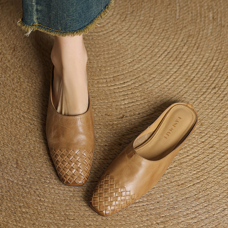 Women's Genuine Leather Woven Mules - side view | Hensley London
