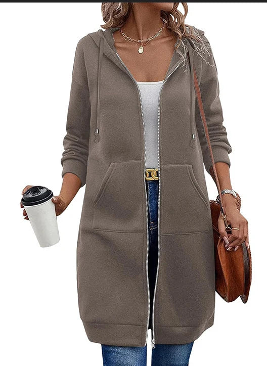 Women's Longline Hooded Zip-Up Sweatshirt in Khaki – additional product view | Hensley London