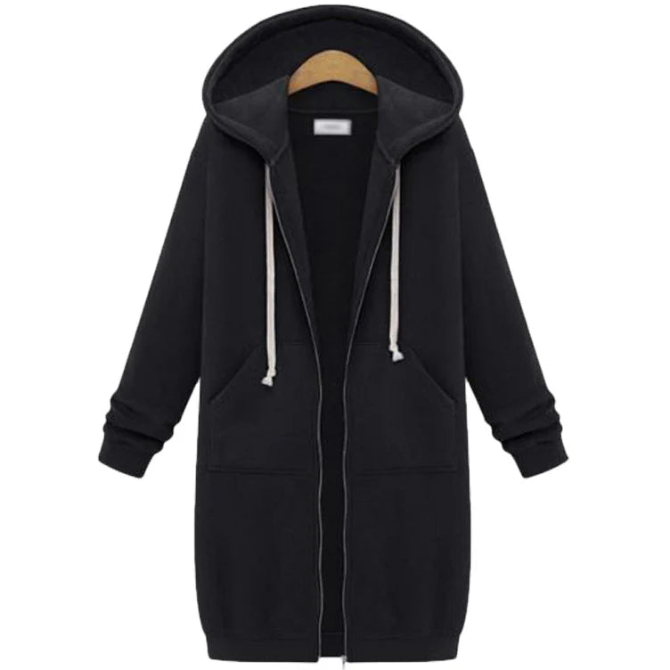 Women's Longline Hooded Zip-Up Sweatshirt in Black – additional product view | Hensley London