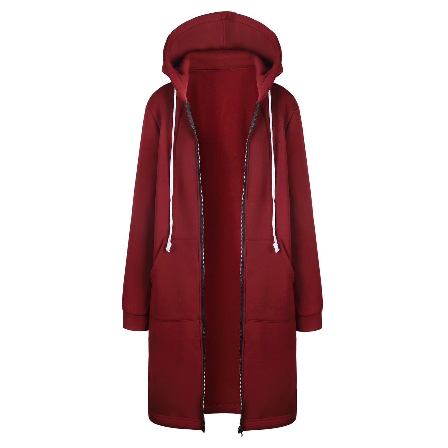 Women's Longline Hooded Zip-Up Sweatshirt in Claret – additional product view | Hensley London