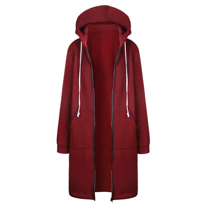 Women's Longline Hooded Zip-Up Sweatshirt in Claret – additional product view | Hensley London