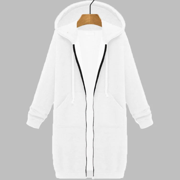 Women's Longline Hooded Zip-Up Sweatshirt in White – additional product view | Hensley London