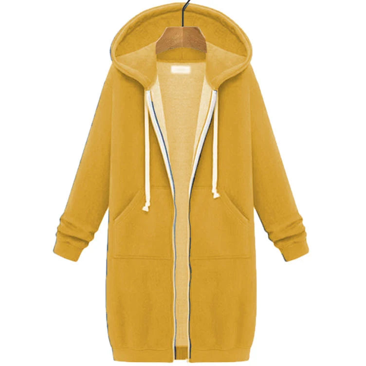 Women's Longline Hooded Zip-Up Sweatshirt in Gold – additional product view | Hensley London