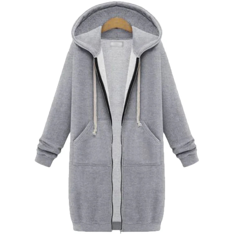Women's Longline Hooded Zip-Up Sweatshirt in Light Gray – additional product view | Hensley London