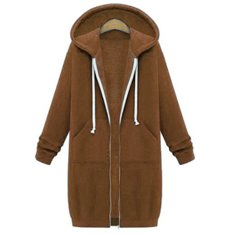 Women's Longline Hooded Zip-Up Sweatshirt in Brown – additional product view | Hensley London