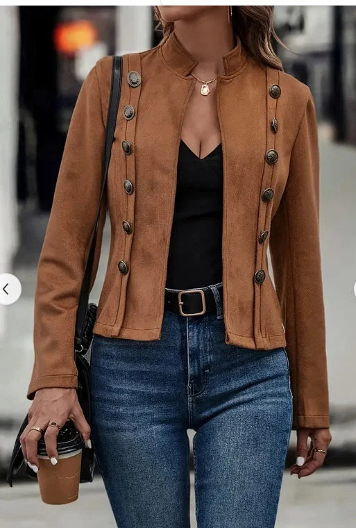 Women's Suede-Look Double-Breasted Jacket in Brown – product view | Hensley London