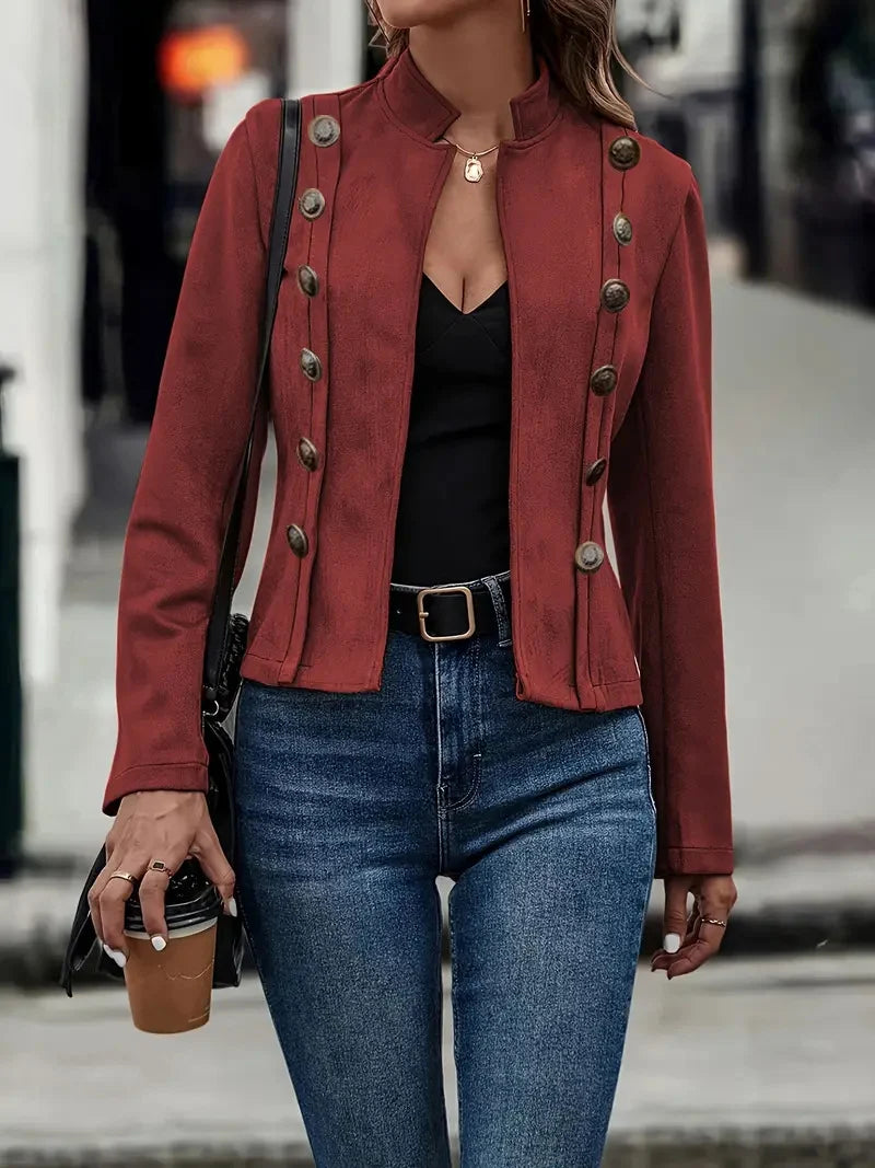 Women's Suede-Look Double-Breasted Jacket in Wine Red – additional product view | Hensley London