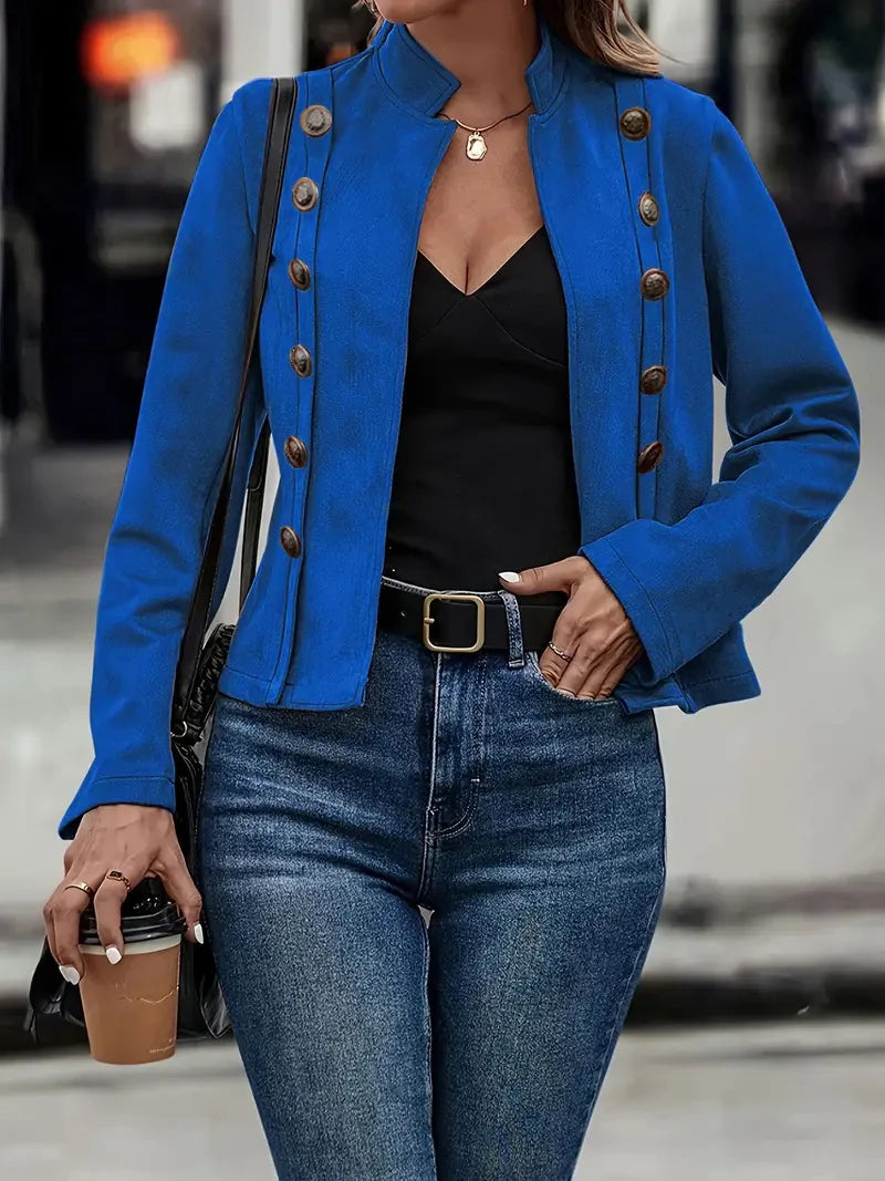 Women's Suede-Look Double-Breasted Jacket in Blue – additional product view | Hensley London