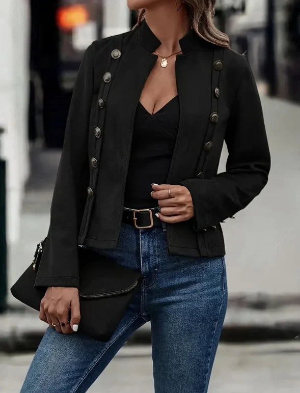Women's Suede-Look Double-Breasted Jacket in Black – additional product view | Hensley London
