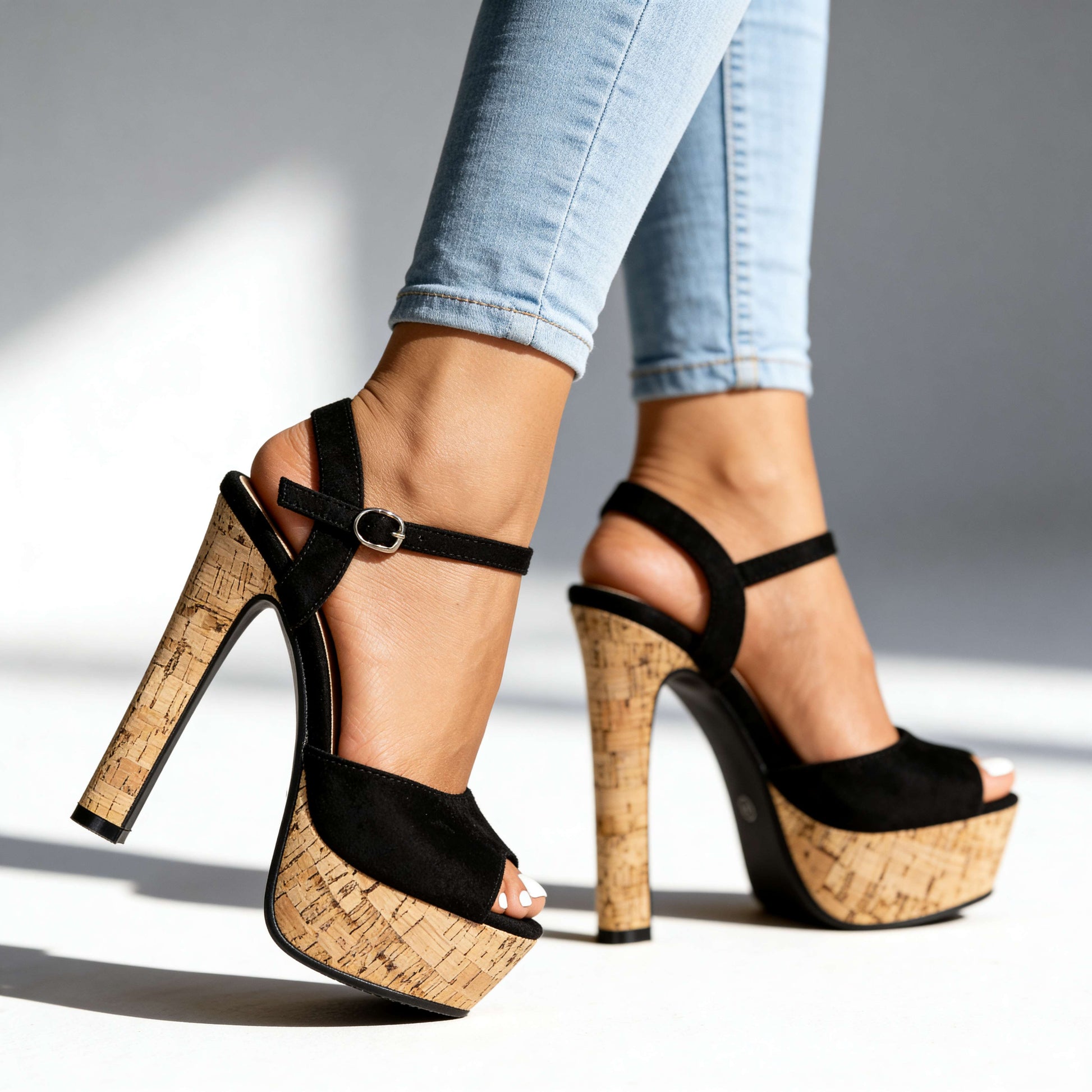 Women's Open-Toe Woven Block Heels in Cork – front view | Hensley London