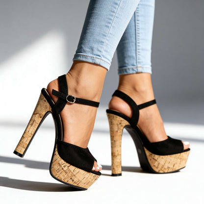 Women's Open-Toe Woven Block Heels in Cork – front view | Hensley London