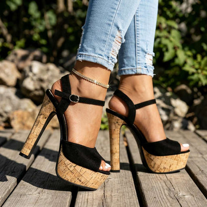 Women's Open-Toe Woven Block Heels in Woven – side view | Hensley London