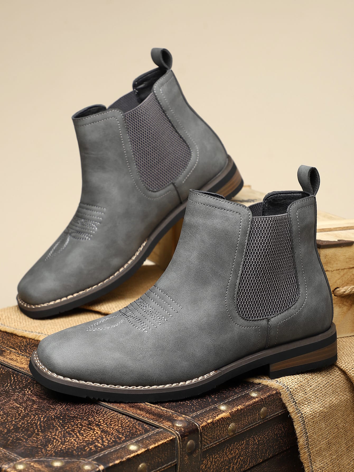 Men's Leather Chelsea Boots in Gray – front view | Hensley London