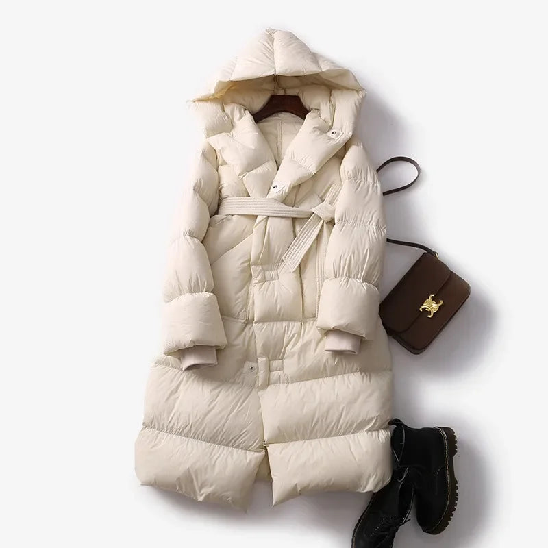 Women's Hooded Belted Long Down Puffer Coat in Beige – product view | Hensley London