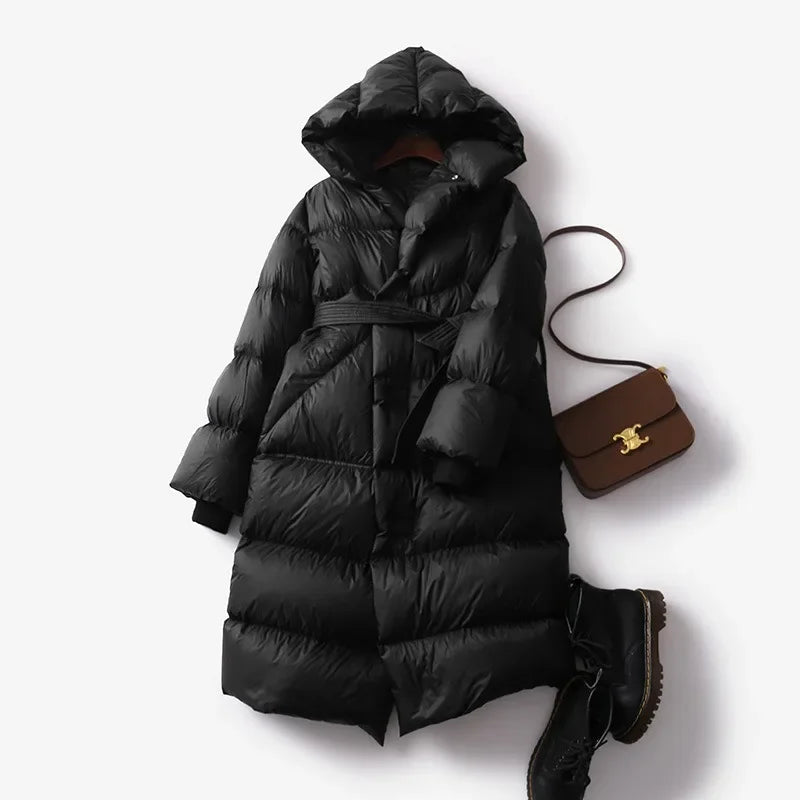 Women's Hooded Belted Long Down Puffer Coat in Black – additional product view | Hensley London