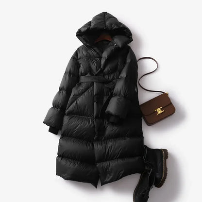 Women's Hooded Belted Long Down Puffer Coat in Black – additional product view | Hensley London