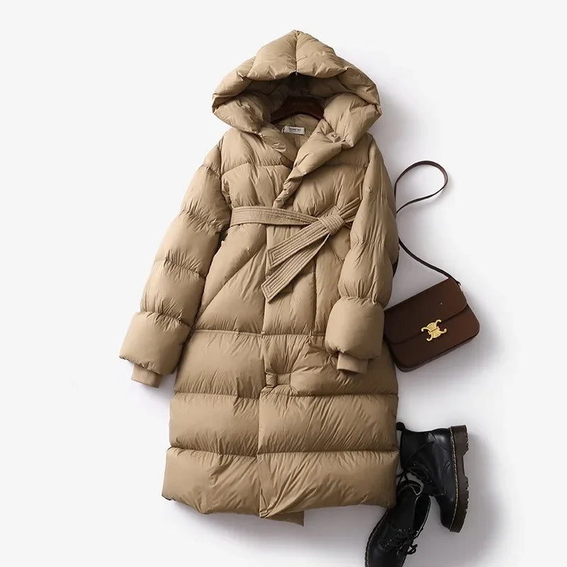Women's Hooded Belted Long Down Puffer Coat in Camel – additional product view | Hensley London