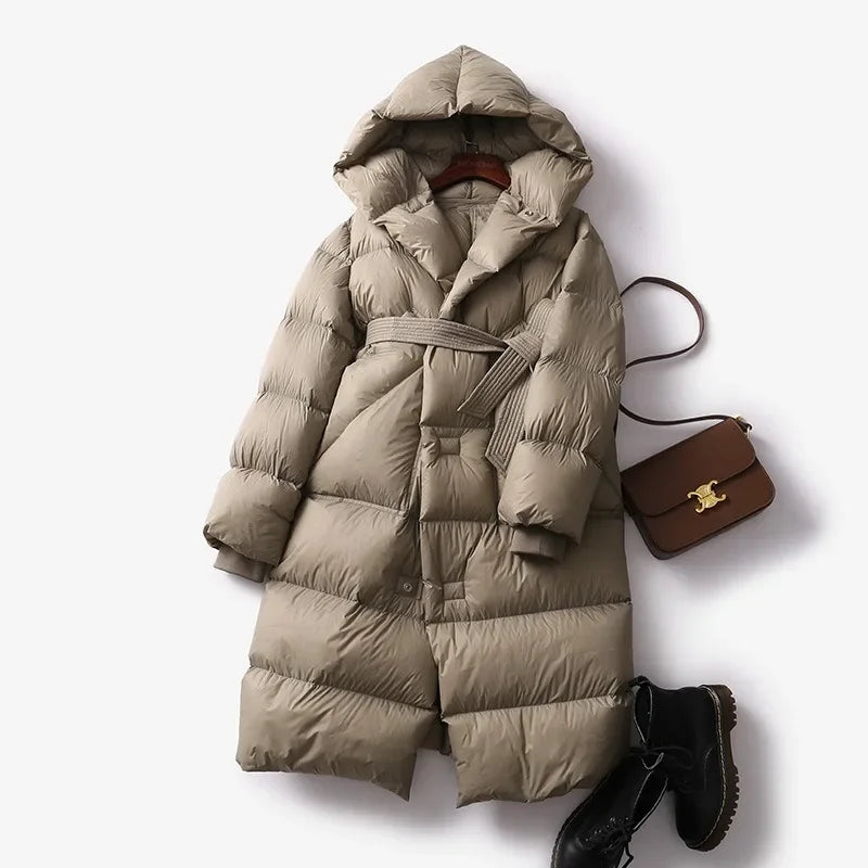 Women's Hooded Belted Long Down Puffer Coat in Olive – additional product view | Hensley London