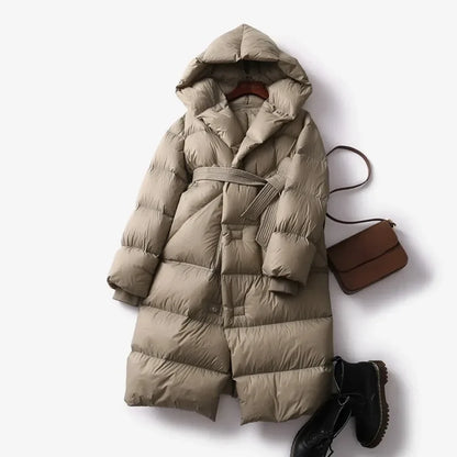 Women's Hooded Belted Long Down Puffer Coat – additional product view | Hensley London