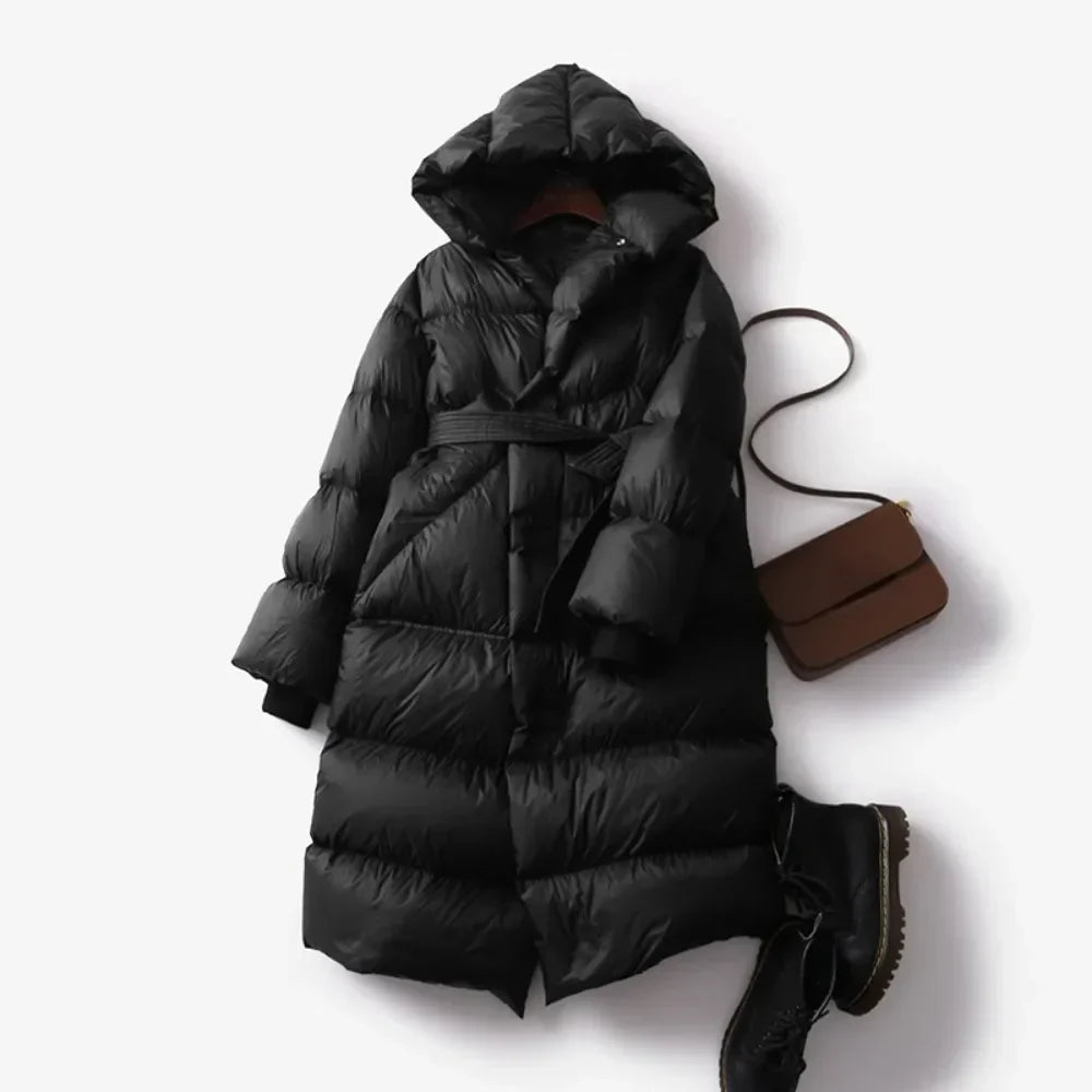 Women's Hooded Belted Long Down Puffer Coat – additional product view | Hensley London