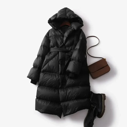 Women's Hooded Belted Long Down Puffer Coat – additional product view | Hensley London