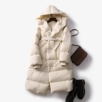 Women's Hooded Belted Long Down Puffer Coat – additional product view | Hensley London