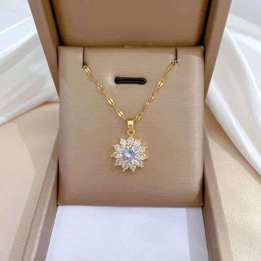 Dazzling Sunflower Floral Jewelry Set - Necklace and Earring Set with Zircon Accents in Gold Plated Design
