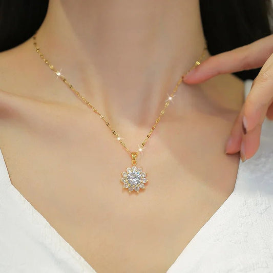 Dazzling Sunflower Floral Jewelry Set - Necklace and Earring Set with Zircon Accents in Gold Plated Design