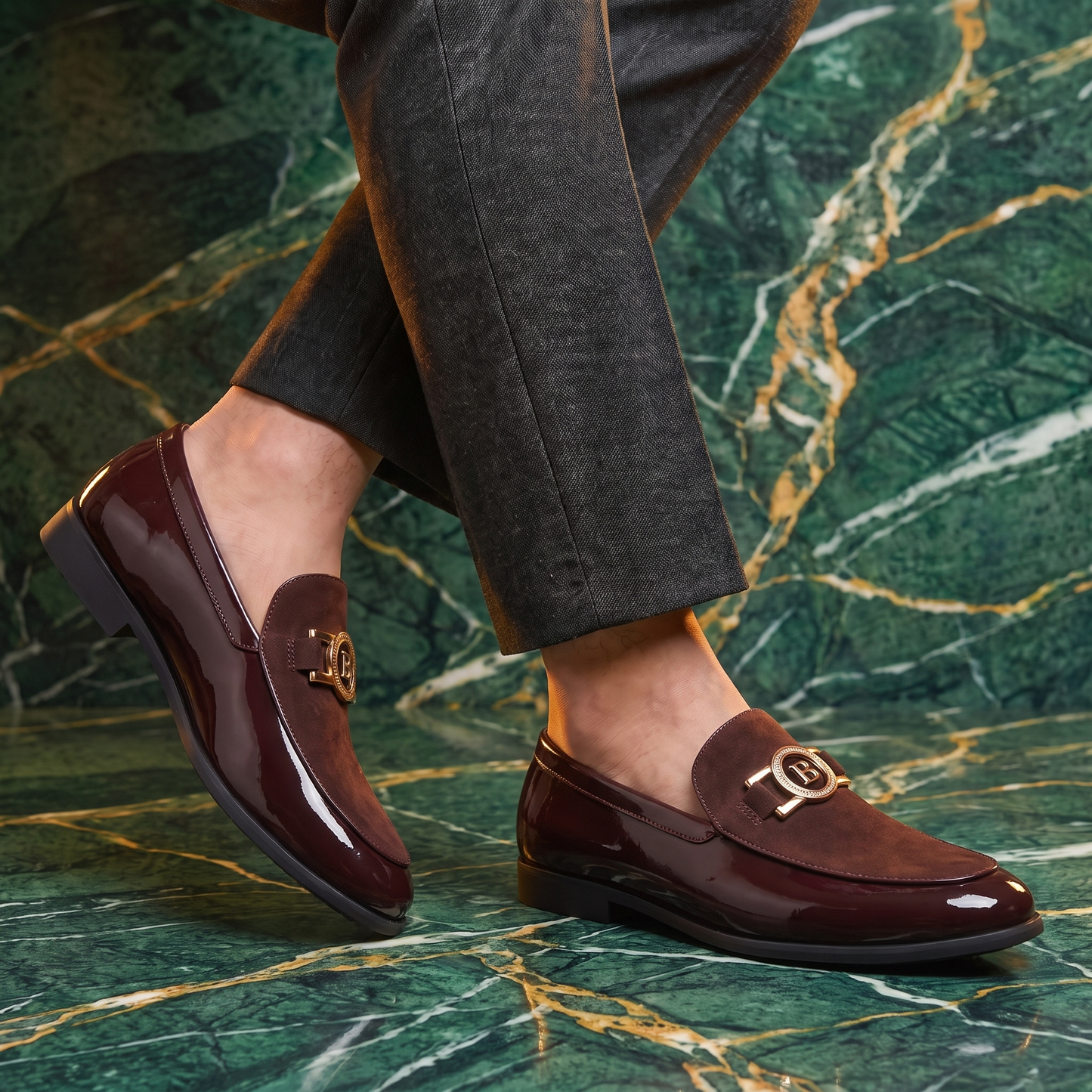 Men's Patent Leather Loafers – Two-Texture Gold Accent