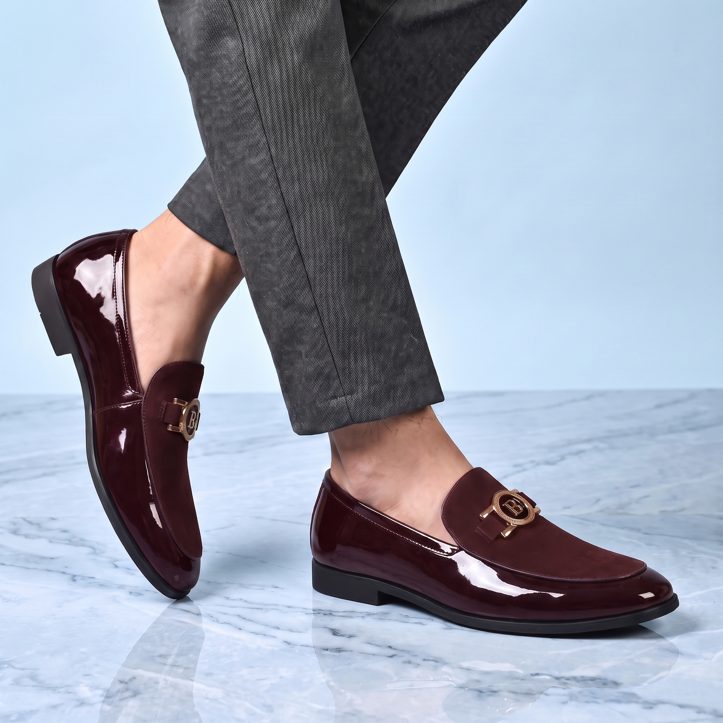 Men's Patent Leather Loafers – Two-Texture Gold Accent