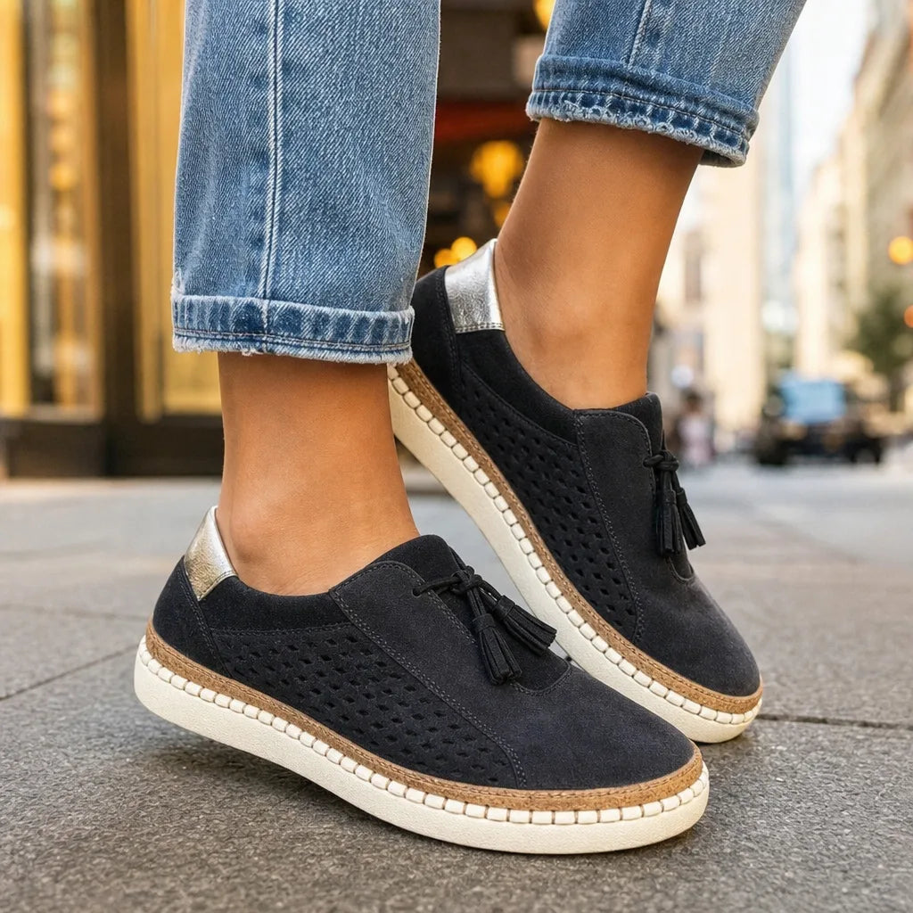 Women's Tassel Slip-On Loafers in Black – side view | Hensley London