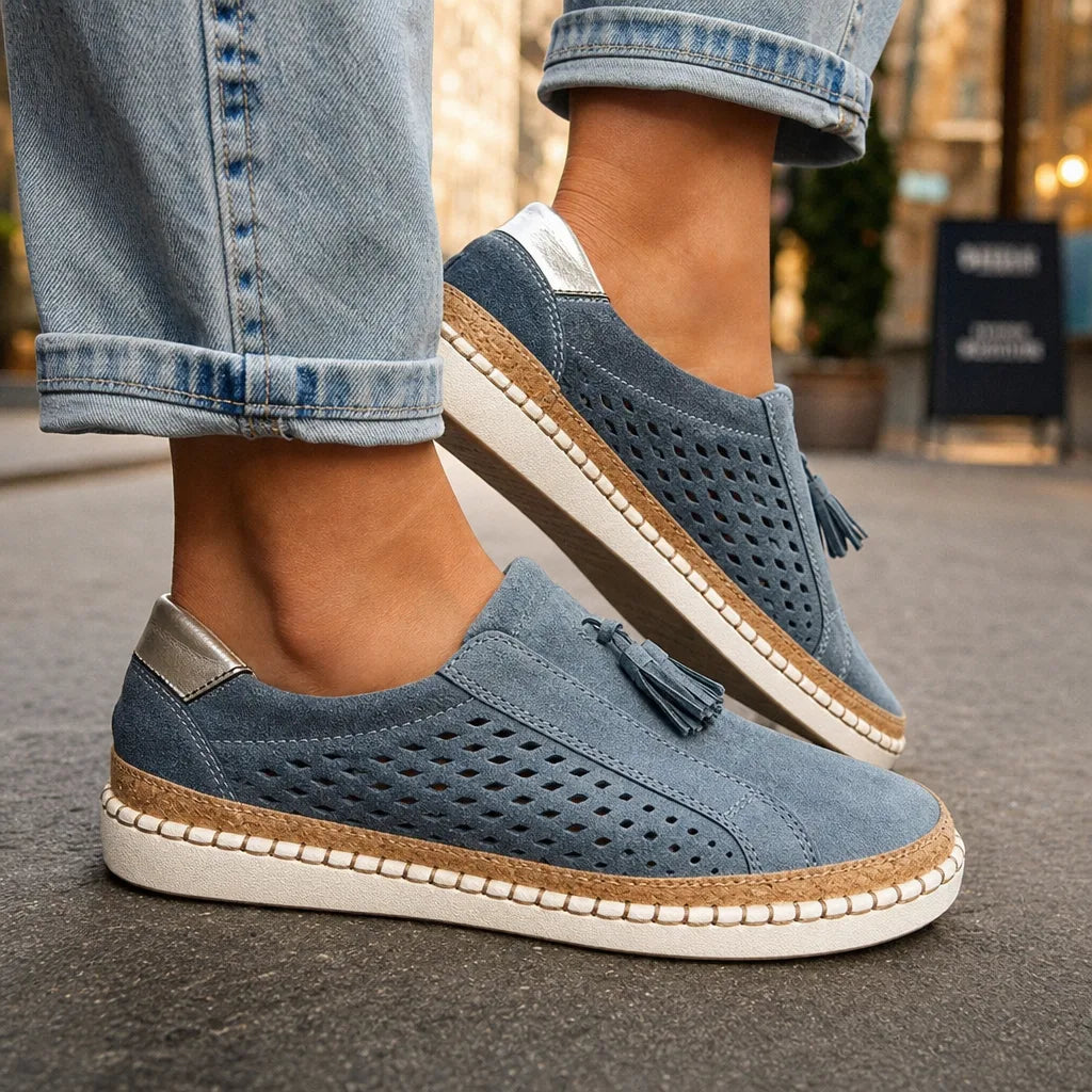 Women's Tassel Slip-On Loafers in Blue – front view | Hensley London