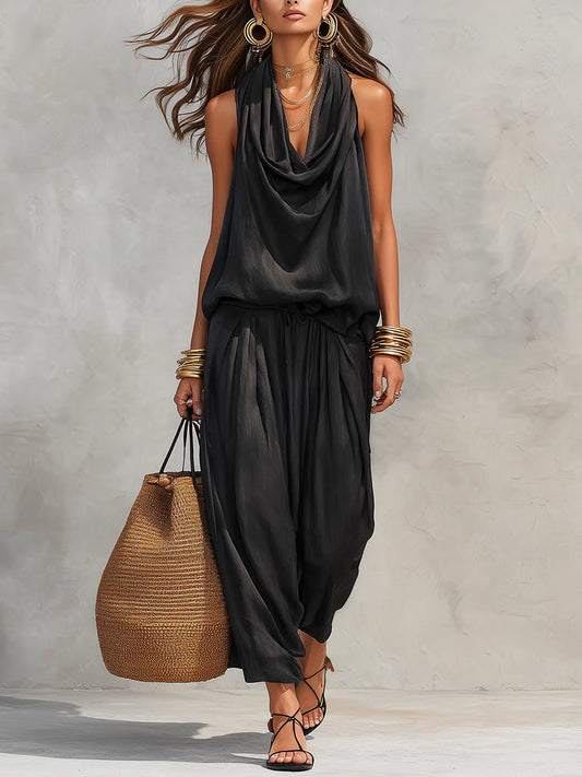 Women's Halter Two-Piece Set with Wide-Leg Trousers