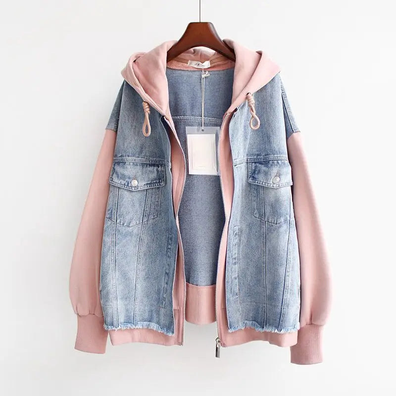 Women's Denim-Hooded Jacket in Pink – front view | Hensley London