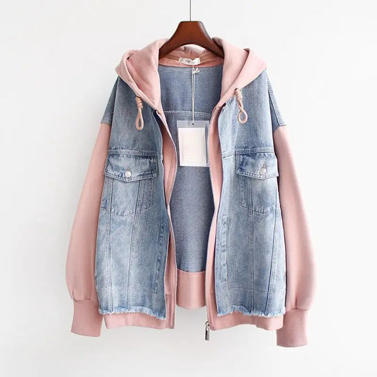 Women's Denim-Hooded Jacket in Pink – front view | Hensley London