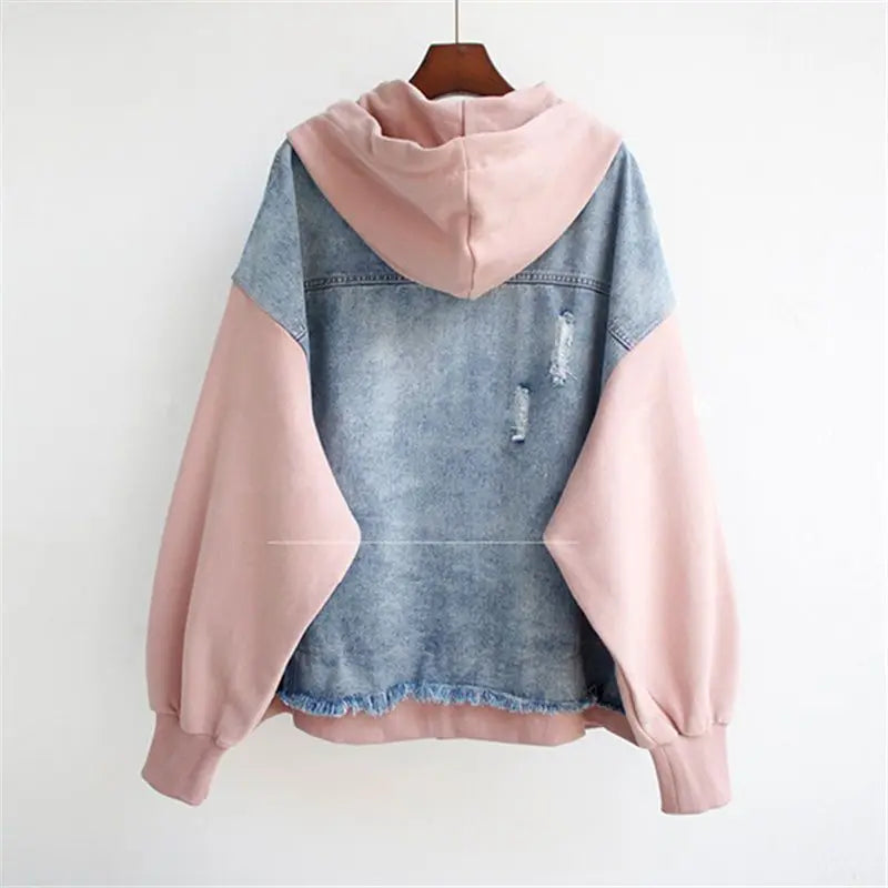 Women's Denim-Hooded Jacket in Pink – side view | Hensley London