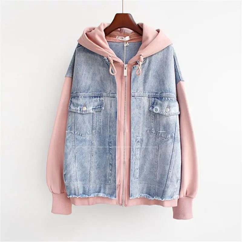 Women's Denim-Hooded Jacket in Pink – back view | Hensley London