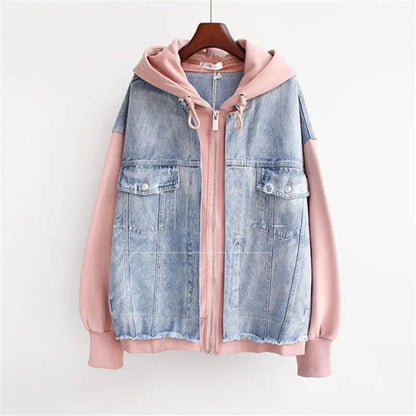 Women's Denim-Hooded Jacket in Pink – back view | Hensley London