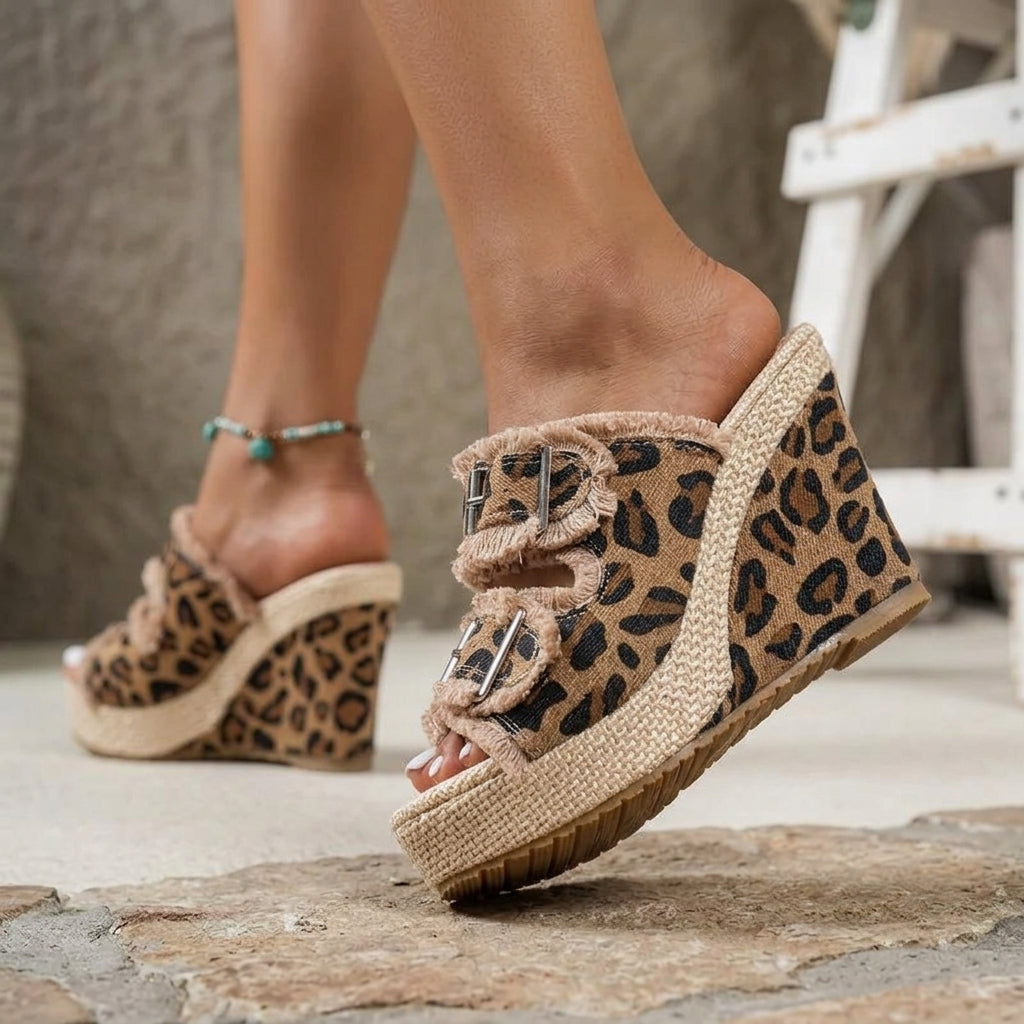 Women's Denim Wedge Slide Sandals in Leopard – side view | Hensley London
