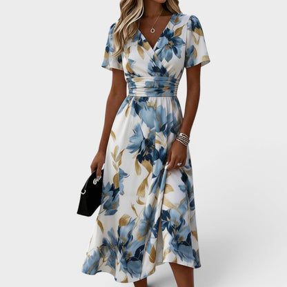 Women's Watercolor Floral Wrap Midi Dress in Multicolor – product view | Hensley London
