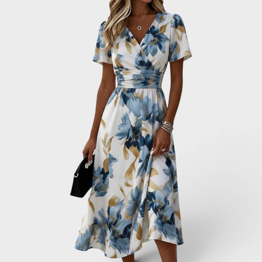 Women's Watercolor Floral Wrap Midi Dress in Multicolor – product view | Hensley London